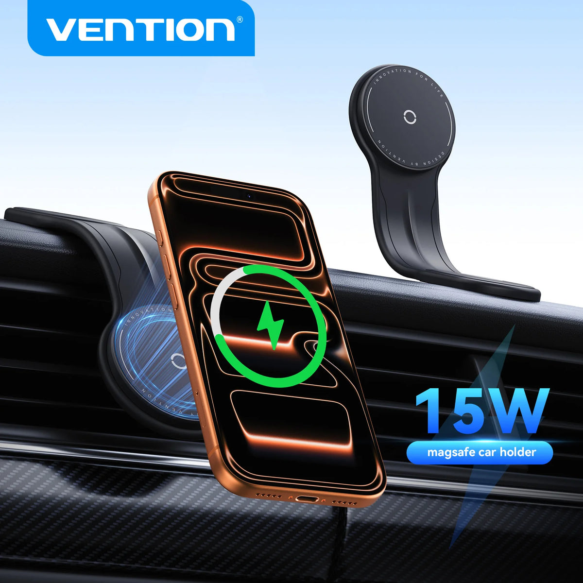 Vention Magnetic Car Phone Holder 15W Wireless Charger Bendable Car Phone Mount for iPhone 12-17 Stand Dashboard Center Console