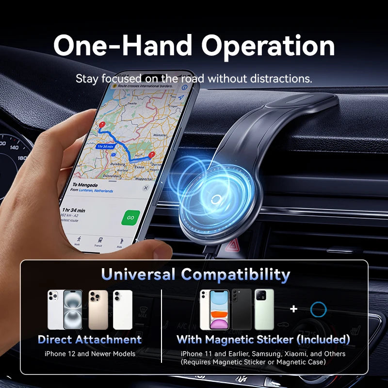 Vention Magnetic Car Phone Holder 15W Wireless Charger Bendable Car Phone Mount for iPhone 12-17 Stand Dashboard Center Console